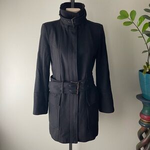 Zara Wool Blend Coat Button Down Long Black Belted Size Small